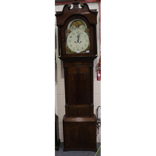 268 - Wain of Burslem: 19th century English longcase clock, with rolling moon and painted dial, 8-day move... 