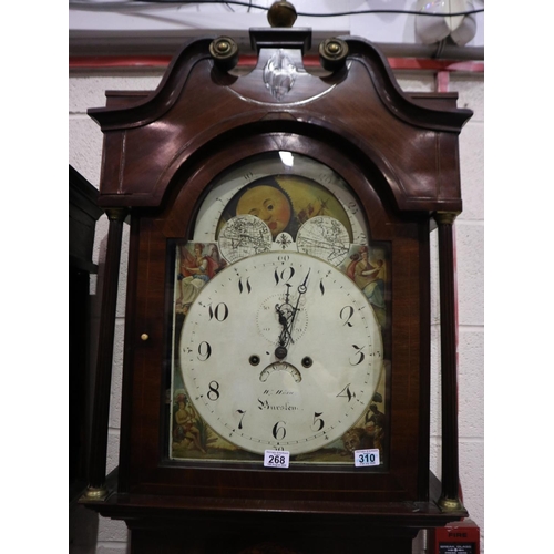 268 - Wain of Burslem: 19th century English longcase clock, with rolling moon and painted dial, 8-day move... 