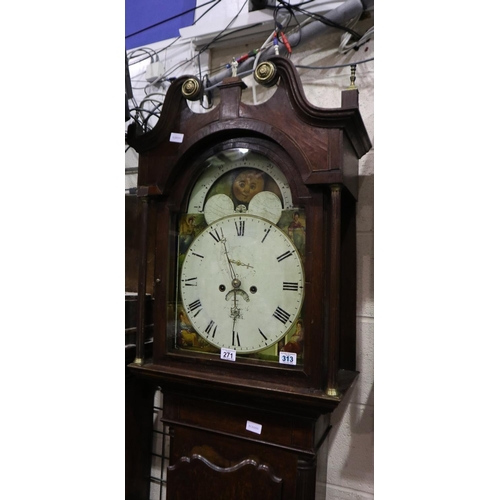 271 - 19th century English longcase clock (name indistinct), rolling moon painted dial with subsidiary dia... 