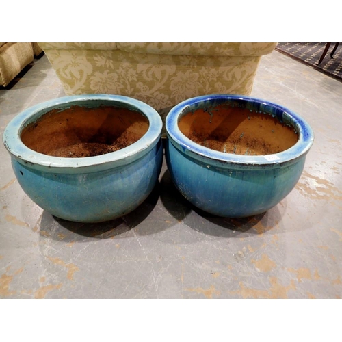 1810J - Pair of large modern turquoise glazed planters, each D: 51 cm, H: 32 cm. Not available for in-house ... 