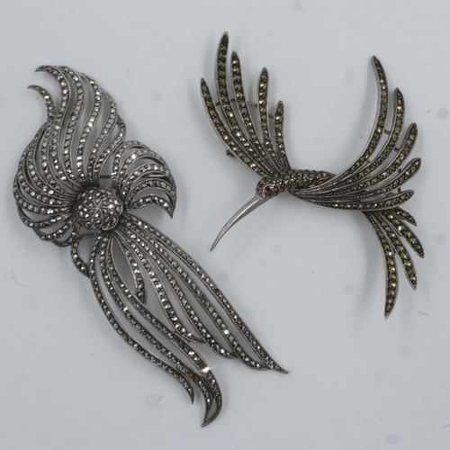 40 - Two 20th century 925 silver marcasite set brooches, one in the form of a hummingbird, combined 41g. ... 