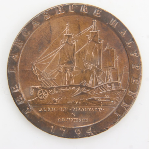 2065 - 1794 - Lancashire shipping halfpenny - EF with lustre. UK P&P Group 0 (£6+VAT for the first lot and ... 