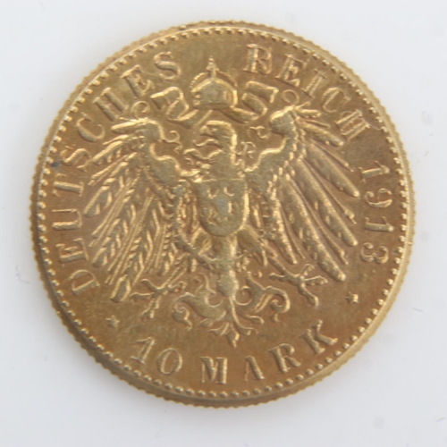 2133 - 1913 - gilt over silver 10 Mark evasion replica - EF. UK P&P Group 0 (£6+VAT for the first lot and £... 