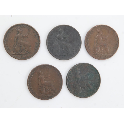 2157 - Five early milled copper Farthings - George IV, William IV and Victoria. UK P&P Group 0 (£6+VAT for ... 