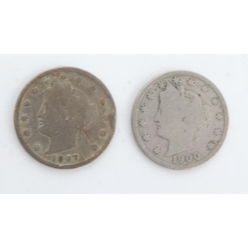 2169 - 1900 and 1907 USA V nickels in fine grade. UK P&P Group 0 (£6+VAT for the first lot and £1+VAT for s... 