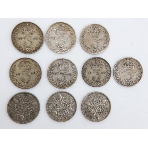 2170 - Eight silver threepences of George V and an Edward VII example (9). UK P&P Group 0 (£6+VAT for the f... 