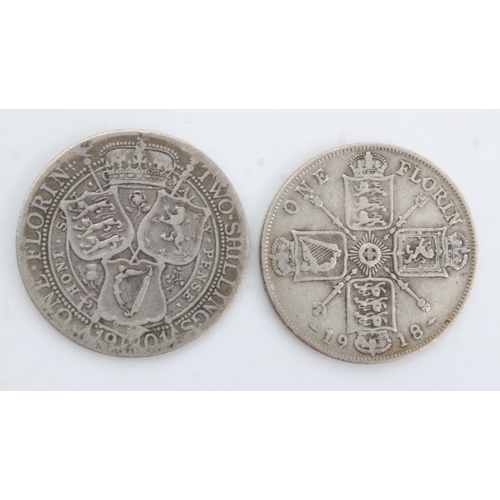 2172 - 1901 silver florin of Queen Victoria and 1918 silver florin of George V (2). UK P&P Group 0 (£6+VAT ... 