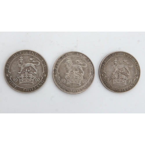 2186 - Three silver shillings of Edward VII - two 1902 and 1904. UK P&P Group 0 (£6+VAT for the first lot a... 