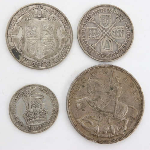 2188 - Silver denominations of George V - 1927 to 1935 shilling to crown, mixed grades (4). UK P&P Group 0 ... 