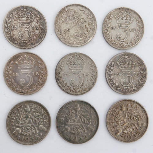 2194 - Nine silver threepences of George V - mixed grades. UK P&P Group 0 (£6+VAT for the first lot and £1+... 