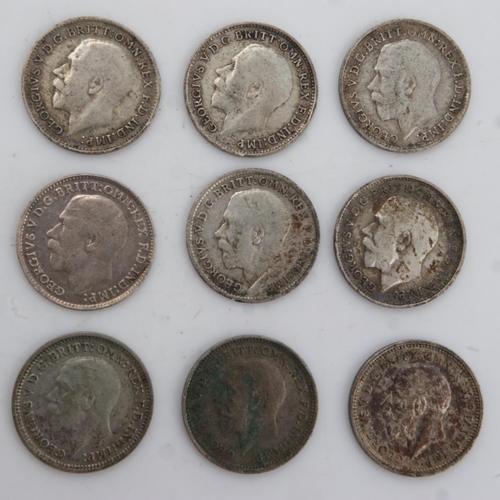 2194 - Nine silver threepences of George V - mixed grades. UK P&P Group 0 (£6+VAT for the first lot and £1+... 