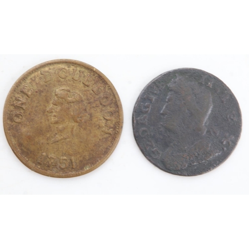 2201 - Copper halfpenny of George II with a 1751 shipping token - F. UK P&P Group 0 (£6+VAT for the first l... 