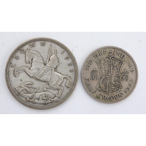 2202 - 1935 silver crown of George V, with a 1947 half crown of George VI. UK P&P Group 0 (£6+VAT for the f... 