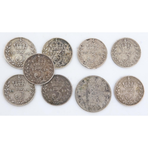 2215 - Seven silver threepences of George V, 1909 threepence of Edward VII and 1933 silver sixpence of Geor... 