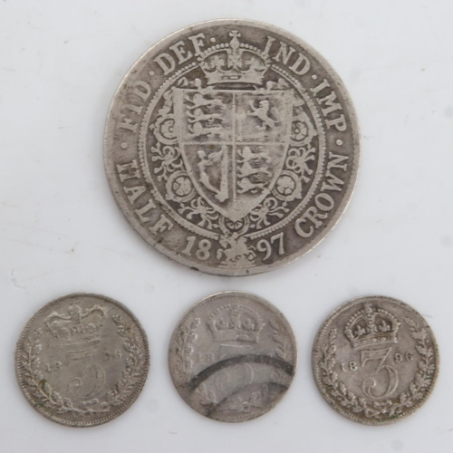 2216 - 1897 silver half crown of Queen Victoria and three Victorian silver threepences. UK P&P Group 0 (£6+... 