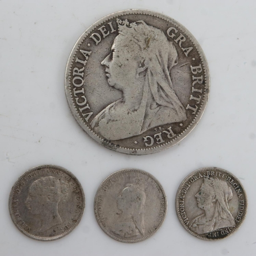 2216 - 1897 silver half crown of Queen Victoria and three Victorian silver threepences. UK P&P Group 0 (£6+... 