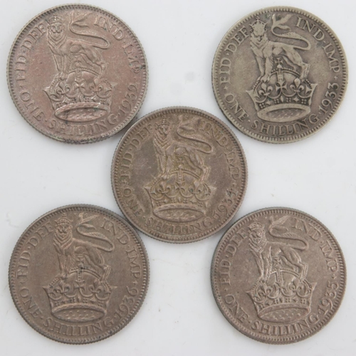 2240 - Five silver shillings of George V, 1932-36. UK P&P Group 0 (£6+VAT for the first lot and £1+VAT for ... 