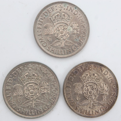 2255 - Three silver florins of George VI, 1937, 38 & 39. UK P&P Group 0 (£6+VAT for the first lot and £1+VA... 