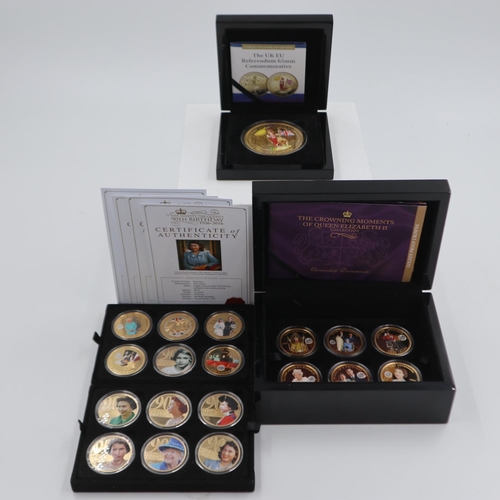 2300 - UK EU Referendum large gold plated commemorative, boxed with CoA, The Crowning Moments of Queen Eliz... 