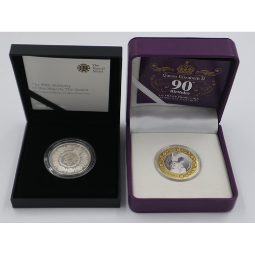 2302 - 90th Birthday of Elizabeth II silver proof £5, boxed with CoA, with New Zealand 90th Birthday silver... 