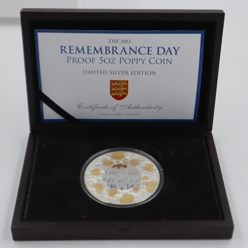 2308 - 2015 Remembrance Day silver proof 5oz commemorative, boxed with CoA, 281/450. UK P&P Group 0 (£6+VAT... 