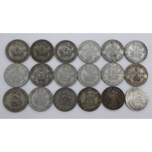 2312 - Eighteen silver shillings of George V and George VI - mixed grades. UK P&P Group 1 (£16+VAT for the ... 