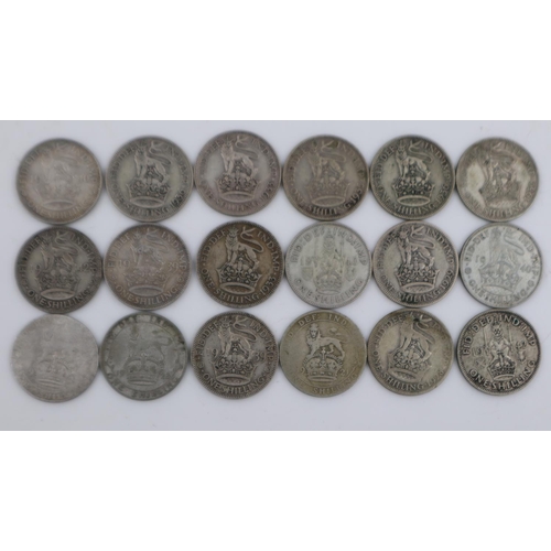 2313 - Eighteen silver shillings of George V and George VI - mixed grades. UK P&P Group 1 (£16+VAT for the ... 