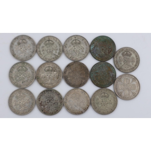 2314 - Fourteen silver florins of George V and George VI, all post-1920 - mixed grades. UK P&P Group 1 (£16... 