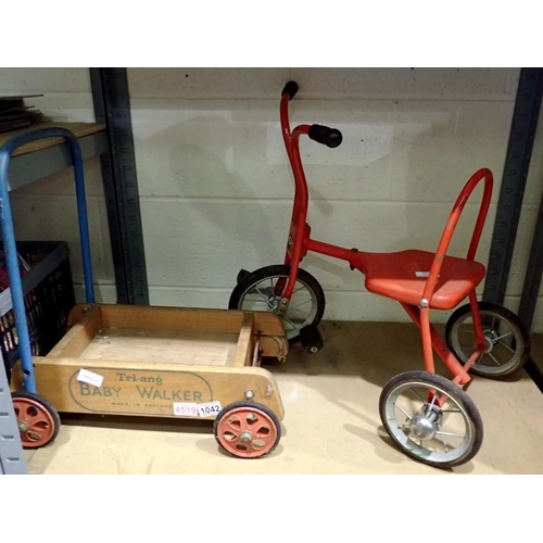 1042 - Tri-ang baby walker and a Shanghai red tricycle. Not available for in-house P&P