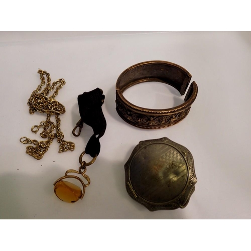 1065 - Decorated bangle, plated spinner and a white metal compact. UK P&P Group 1 (£16+VAT for the first lo... 