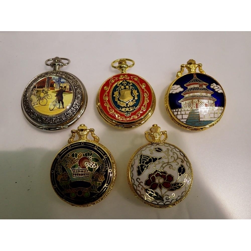 1066 - Five enamel faced pocket watches - working at lotting up. UK P&P Group 1 (£16+VAT for the first lot ... 