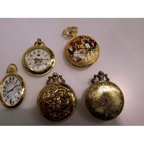 1068 - Five gold toned pocket watches - working at lotting up. UK P&P Group 1 (£16+VAT for the first lot an... 