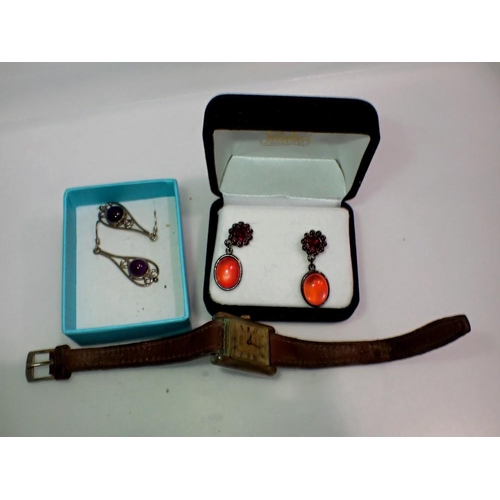 1095 - Two pairs of silver Art Deco drop earrings and a Montine ladies wristwatch. UK P&P Group 1 (£16+VAT ... 