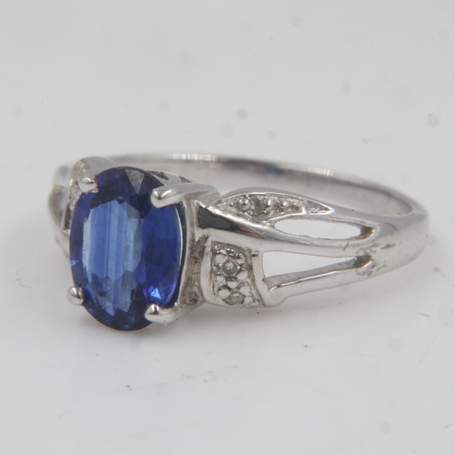 24 - 9ct white gold sapphire set ring with diamond set shoulders, size O, 2.7g. UK P&P Group 0 (£6+VAT fo... 