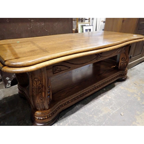 1678 - Oak ornate coffee table, 129 x 51 cm H. Not available for in-house P&P