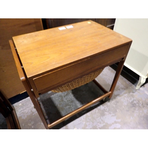 1691 - G-Plan vintage sewing table on wheels, 55 x 59 cm H, no major issues, some fading, original basket p... 