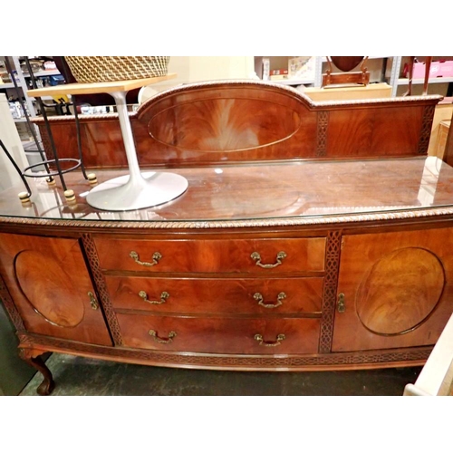 1701 - Bow fronted mahogany glass toped sideboard. 97cm H x 182cm L. Not available for in-house P&P