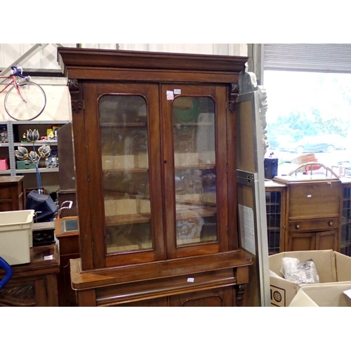 1710 - Walnut glazed bookcase over a drawer and two cupboards+, H: 201 x W: 104 cm. Not available for in-ho... 