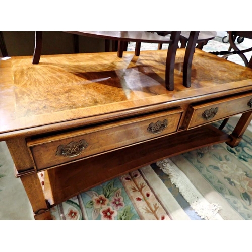 1722 - Inlaid mahogany and walnut coffee table, two drawers and shelf below, 122 x 62 x 47 cm H. Not availa... 