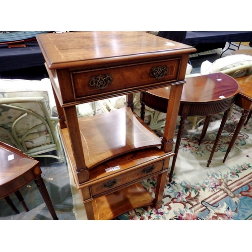 1736 - Pair of mahogany and walnut sofa/end tables, single drawer to each with an inlaid shelf below, 61 x ... 