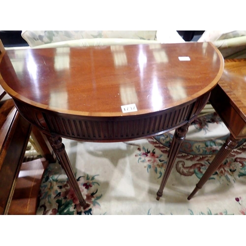 1737 - Semi circular mahogany table on fluted tapering supports, 84 x 84 cm. Not available for in-house P&P