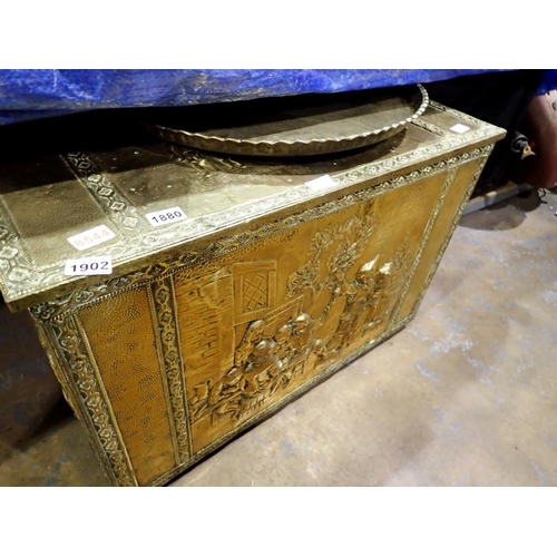 1880 - Brass plated box with brass contents, 55 x 81 cm. Not available for in-house P&P