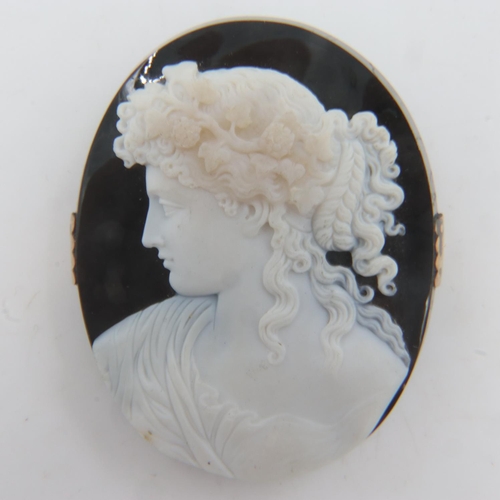 53 - Large Victorian hardstone cameo of a female bust with deep relief carving, rose gold brooch mount, s... 