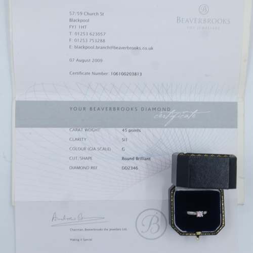 74 - Platinum diamond set solitaire ring, size O/P, 5.4g, 0.45 cts, with certificate. UK P&P Group 0 (£6+... 