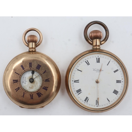 96 - Lancashire Watch Co gold plated half hunter fob watch, with a Waltham USA example, both not working.... 