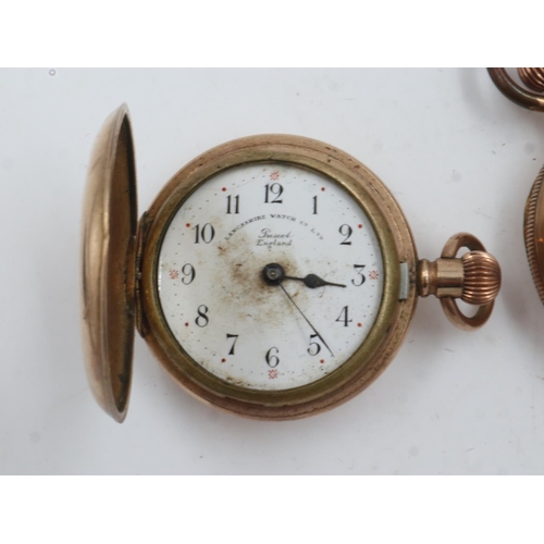 96 - Lancashire Watch Co gold plated half hunter fob watch, with a Waltham USA example, both not working.... 