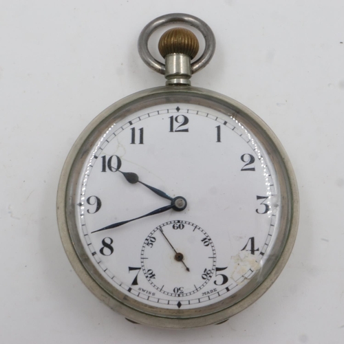 97 - Steel cased Swiss-made pocket watch, with crows foot to backplate, working at lotting, UK P&P Group ... 