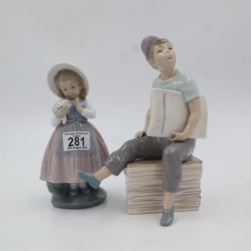 281 - Two Nao figurines depicting a paperboy and a girl with a bunch of flowers, largest H: 24cm. UK P&P G... 