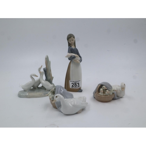 283 - Three Lladro figurines of a girl with a piglet, two geese together with a Neo group of geese (4). UK... 