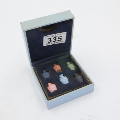 335 - Wedgwood set of six miniature Portland vases in multicolour jasper ware, each piece measuring 20mm i... 